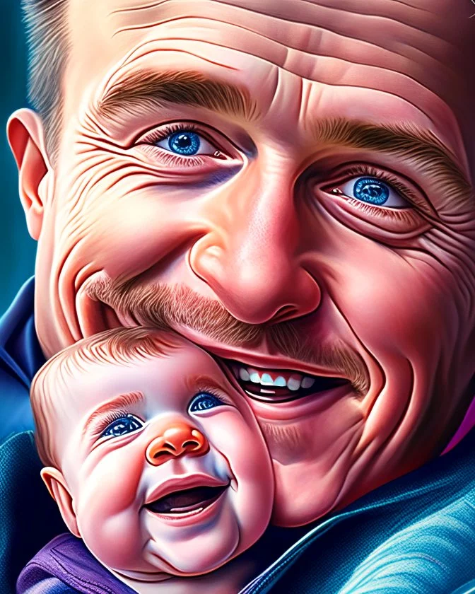 Papá feliz sonriente con su bebé mirándolo a los ojos felíz cuerpo completo colores contrastantes obra de arte arte digital impactante detallado hiperrealista 8k coherente