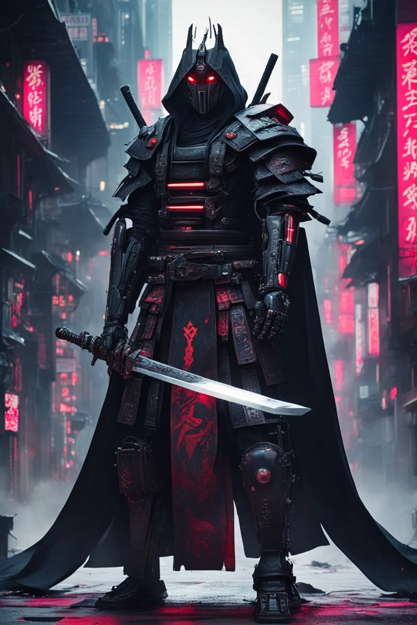 samurai robot in black cloak in a cyberpunk environment and big blood sword