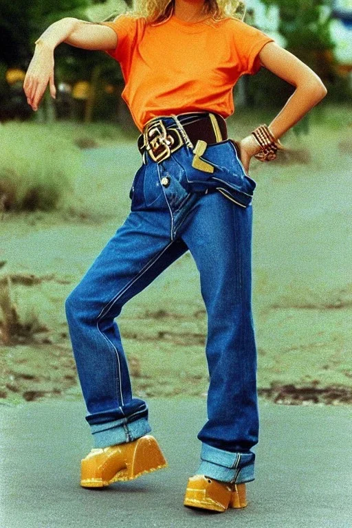 year 1996 denim fashion. Loose, baggy, low waist Combat pants and t-shirt. Colors: denim blue, blue, purple, cream, khaki, light green, lilac, plum, orange, terracotta, red, light yellow, lion yellow, pink, dark blue, beige. Lynx-pattern, wide belt. Latex in small part. Kylie Minogue, Tyra Banks. leg warmer. Cargo pants.