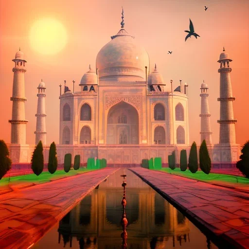 The Taj Mahal, Hindistan, sunset, fantasy art, flying birds, springs, landscape, beautiful