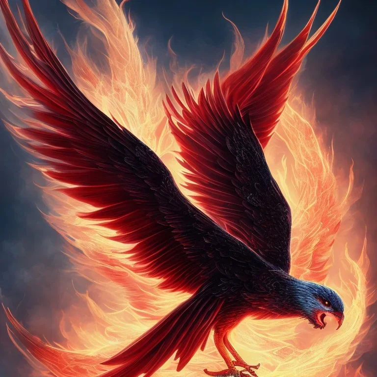 a detailed illustration of a black and red phoenix sitting on a branch of a tree, phoenix wallpaper, luminescent body, glinting wings, full body, symmetrical body, realistic, glowing wings, sharp focus, meticulously detailed, soft evening sky, 64k