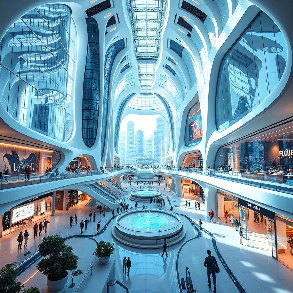 A futuristic, hyper-realistic scene depicting a sprawling, state-of-the-art shopping center in a modern city of the year 2080. The architecture features sleek, organic forms, towering glass facades, and seamless integration of advanced technological elements. The interior space is flooded with natural light, with open, airy layouts and imaginative design elements that blend the physical and digital realms. Holograms, interactive displays, and autonomous robotic assistants are seamlessly incorpo