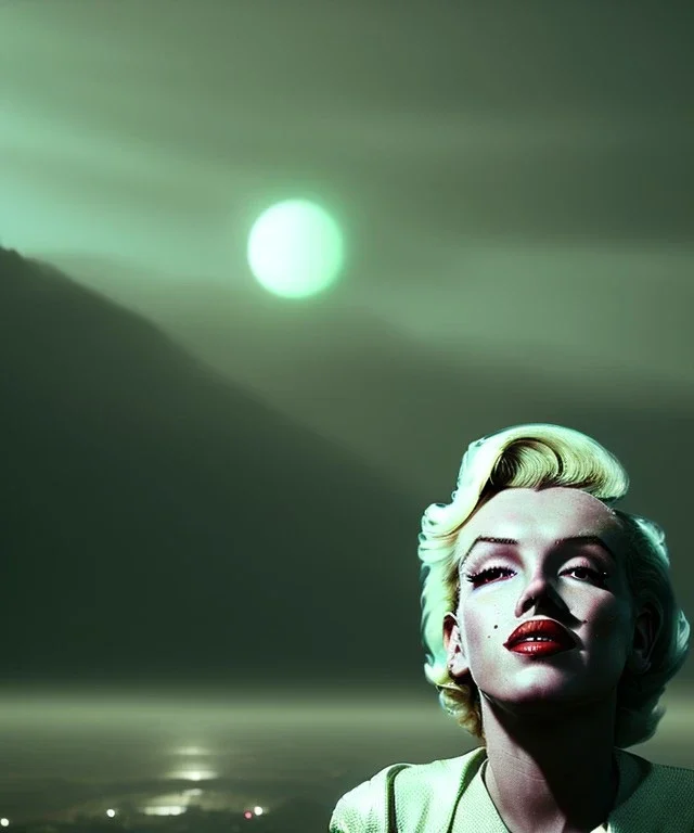 Ultra Realistic retro sci-fi scene, portrait, blonde woman, sweet young Marilyn Monroe face, perfect iris, tight latex coat, Strange planet background, Retro sci-fi style helmet, fog, rain, soft color, highly detailed, unreal engine 5, ray tracing, RTX, lumen lighting, ultra detail, volumetric lighting, 3d, finely drawn, high definition, high resolution.