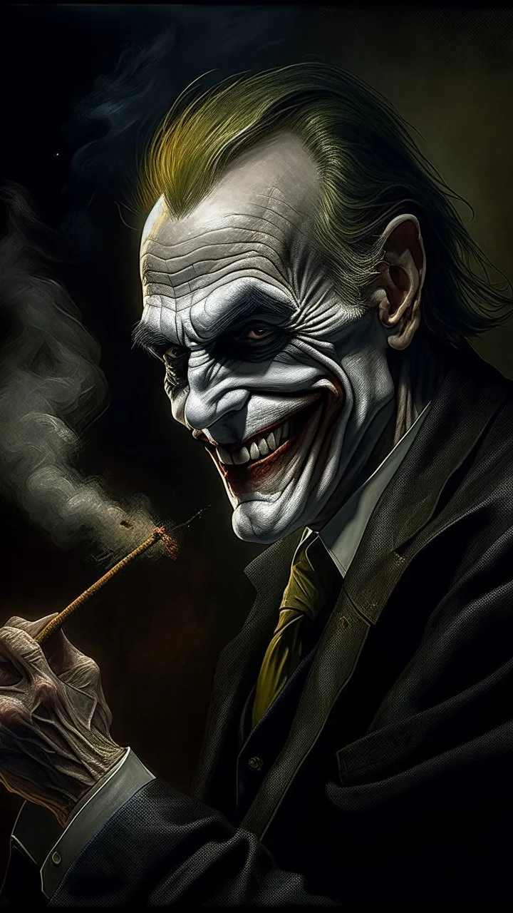 Bosch nightmares paining style Title: a joker face with cigarette in his mouth, smiling 8k,photography, photorealistic concept art, soft natural volumetric cinematic perfect light, chiaroscuro, award-winning photograph, masterpiece, oil on canvas, Raphael, Caravaggio, Greg Rutkowski, people, beksinski, Giger