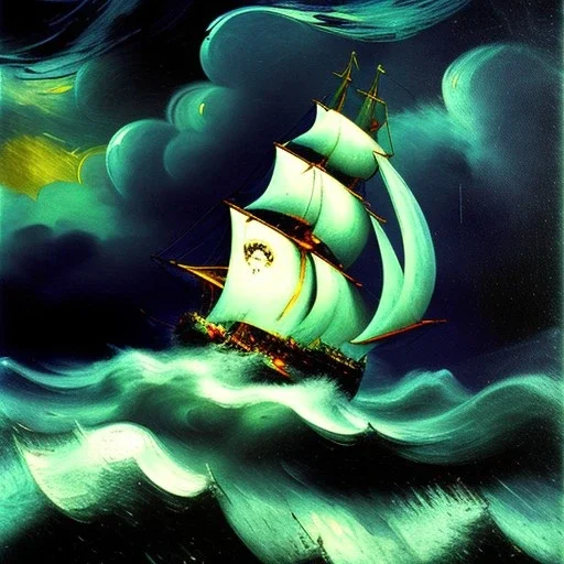 Dibujo al oleo de un Viejo Galeón Pirata navegando en la tormenta, Rayos y truenos, con nubes estilo Vincent van Gogh 8k