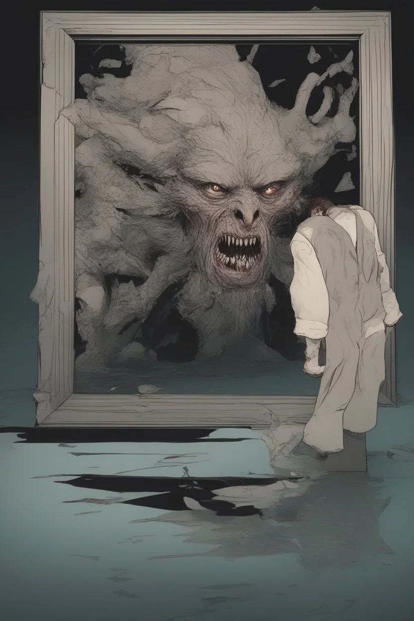 a man looking into a shattered mirror and seeing a horrifyingly smeared and deranged monster in his reflection