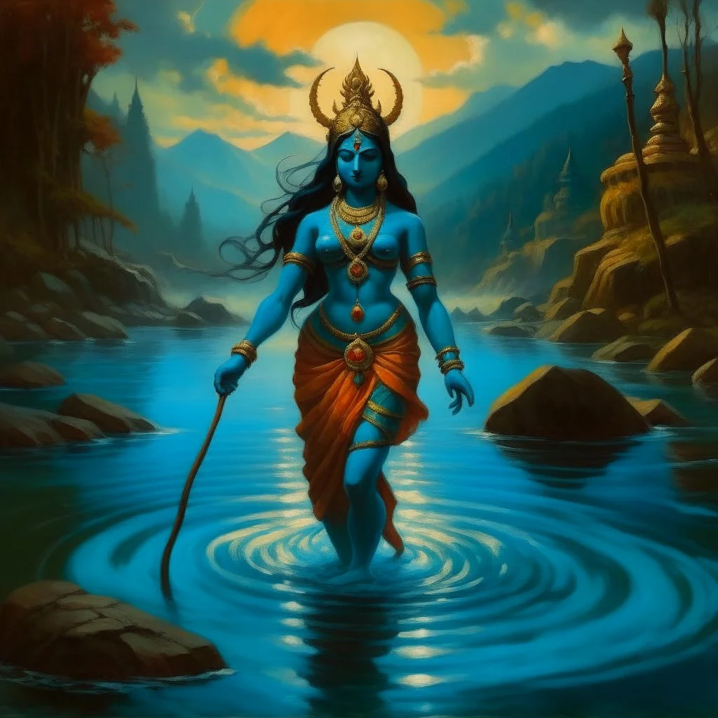 An oil painting of goddess Kali crossing a lake