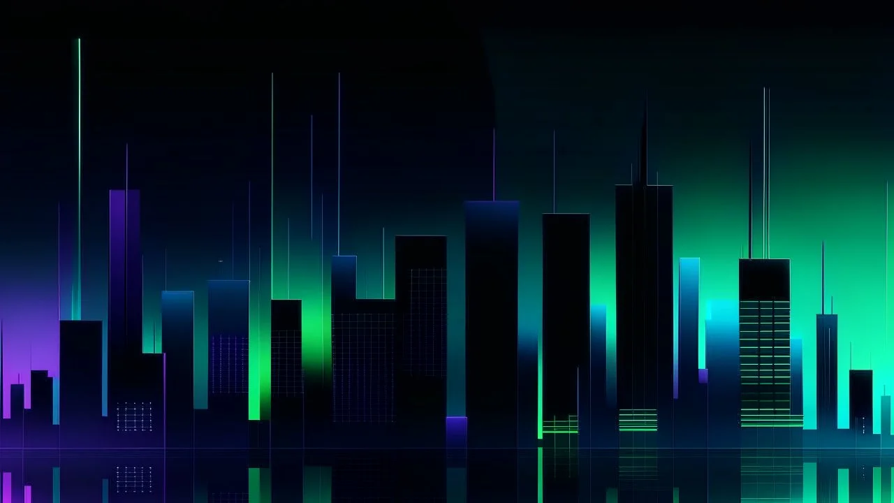 Digital and poly illustration of a minimalist and digital city with a dark background and gradients with light blue, light green, and purple.