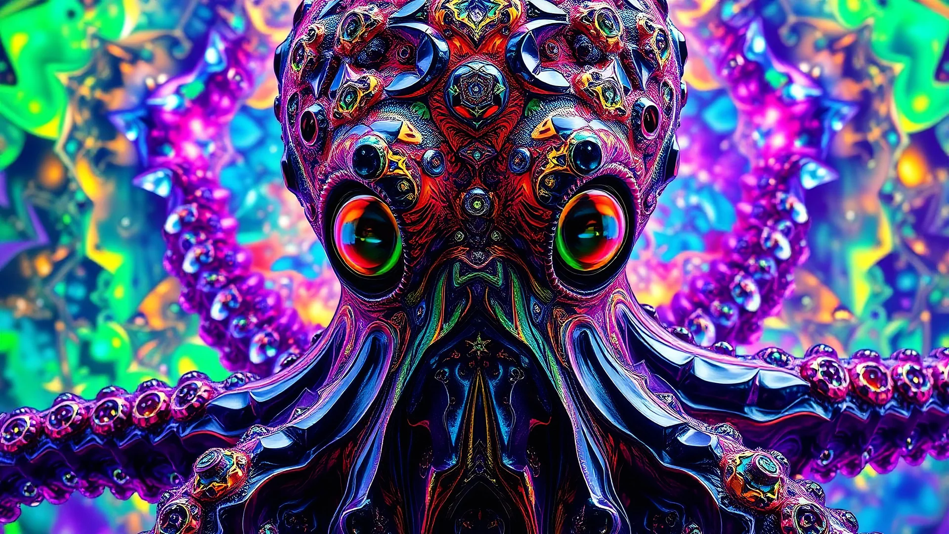 a horrific hyper complex pattren view realistic colors arranged in a mess and irregular consisting of glass crystal clear shapes forming geometric fractaling, dense details highly lenses like octopus vortex eyes mandala on fullbody octopus roar skin psychedelic, trippy,