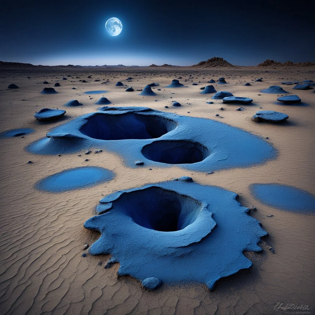 Surreal Blue desert with weird blue sinkholes, Monochrome Blue color scheme, midnight blue night sky casts a blue pall over the desert, strange shaped blue rock croppings, variant blue hues and shades creating contrast, blue moon emanating increasingly fainter blue concentric circles onto the desert, high contrast, different contrasting textures, surrealism, dark, blue!!!