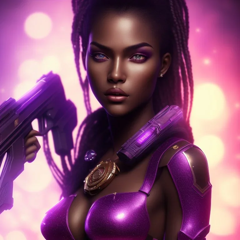 full face shot, masterpiece, best quality, dark skinned, sparkling eyes, fluorescent skin,purple-dark makeup, armed with guns, highly detailed body, sun light, 4K, RAW, depth of field, high contrast, realistic details, 24mm