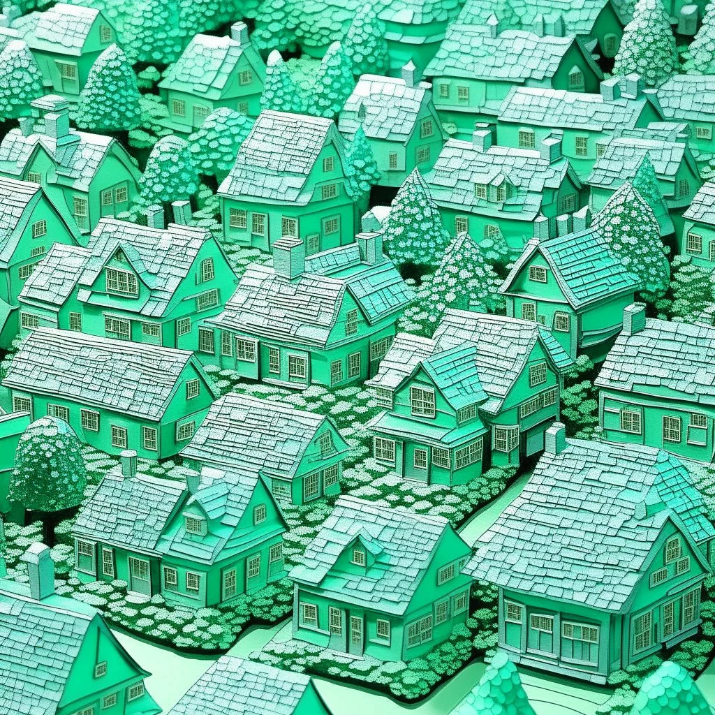 A mint colored village made out of diamonds painted by Frank Wilson
