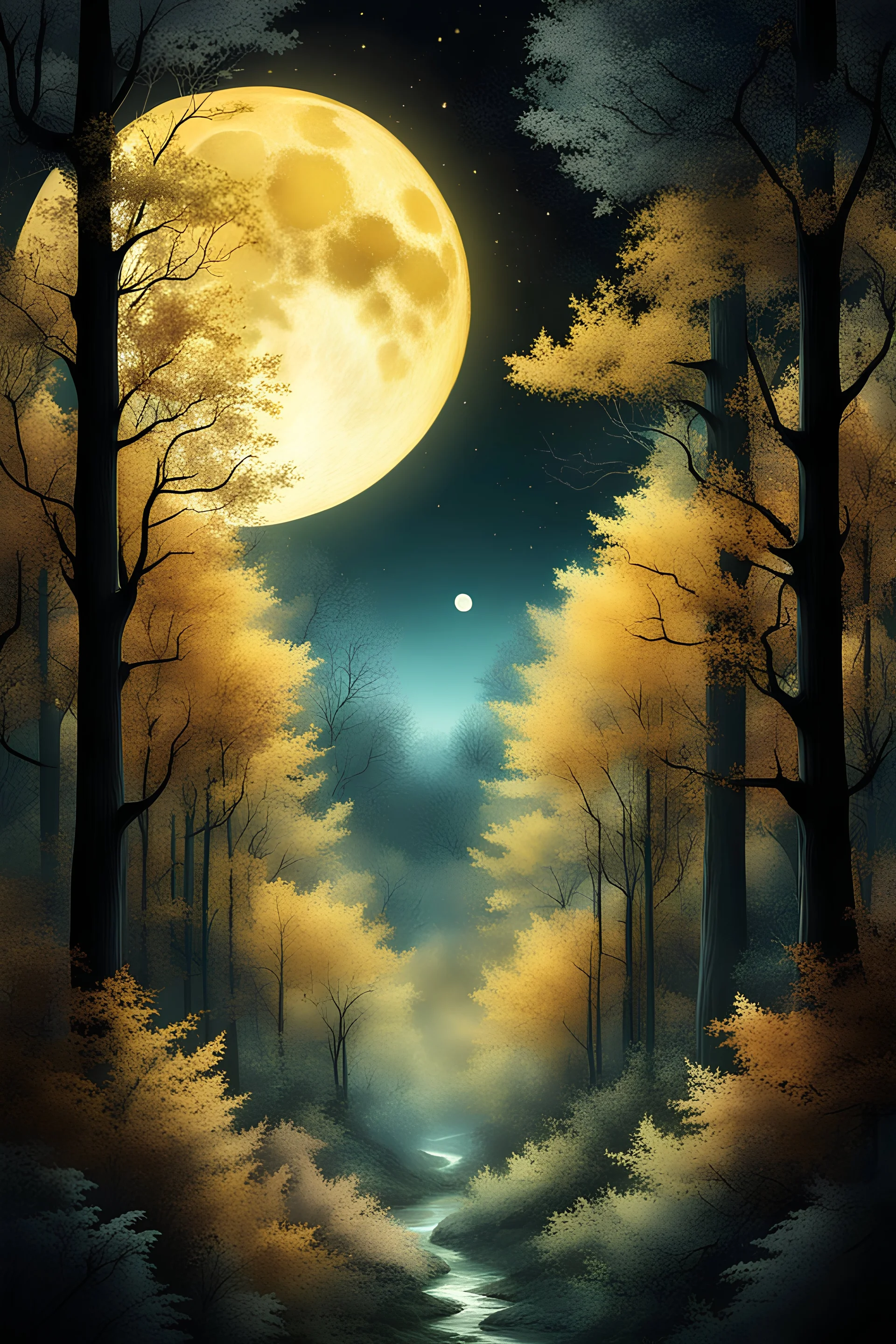 a translucent golden moon, looking down at a beautiful tri coloured fantasy forest