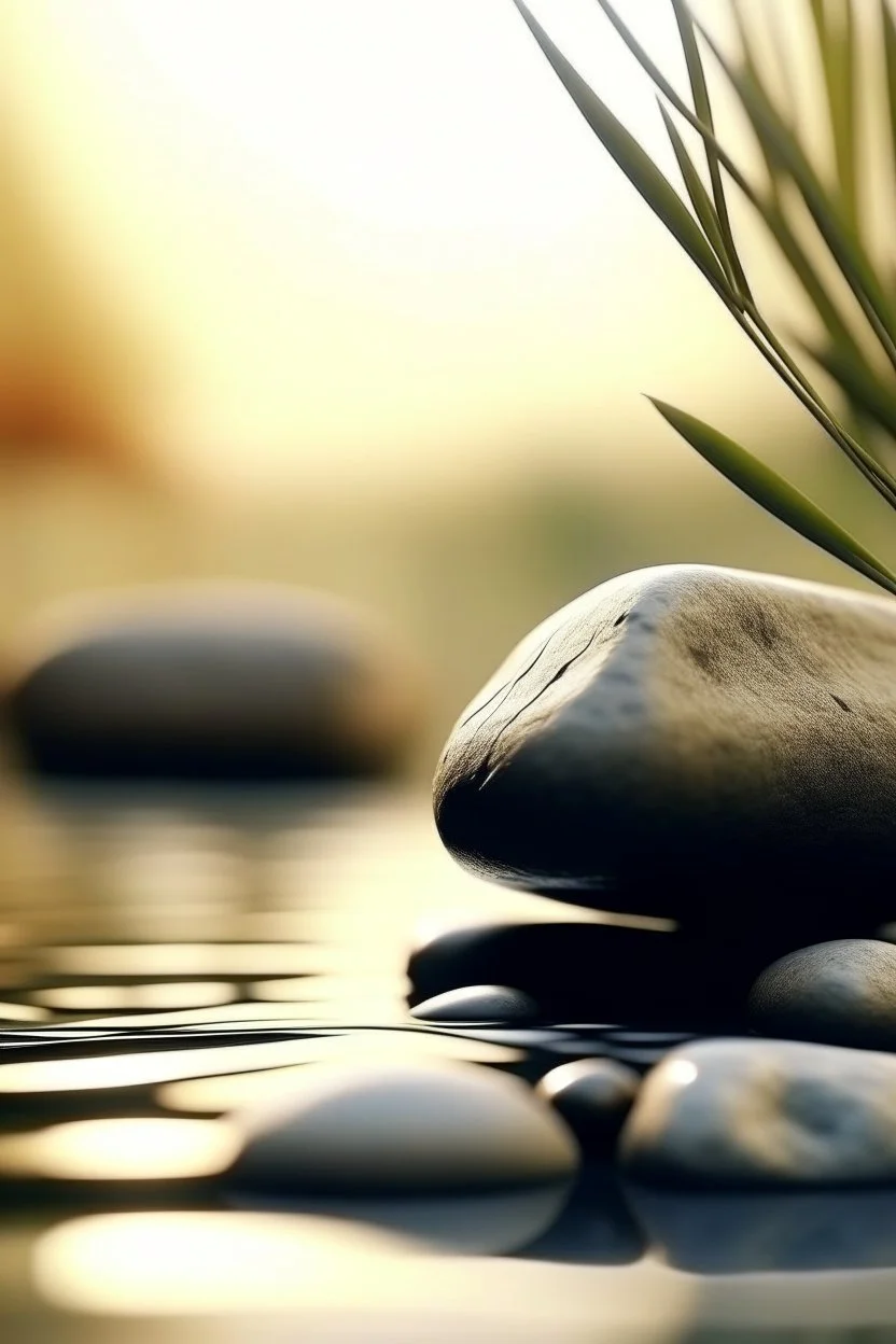 delicate background with spa stones and a bamboo stem, on a blurred background on the stones, abstract yoga silhouette meditation on the stones, photorealistic photo