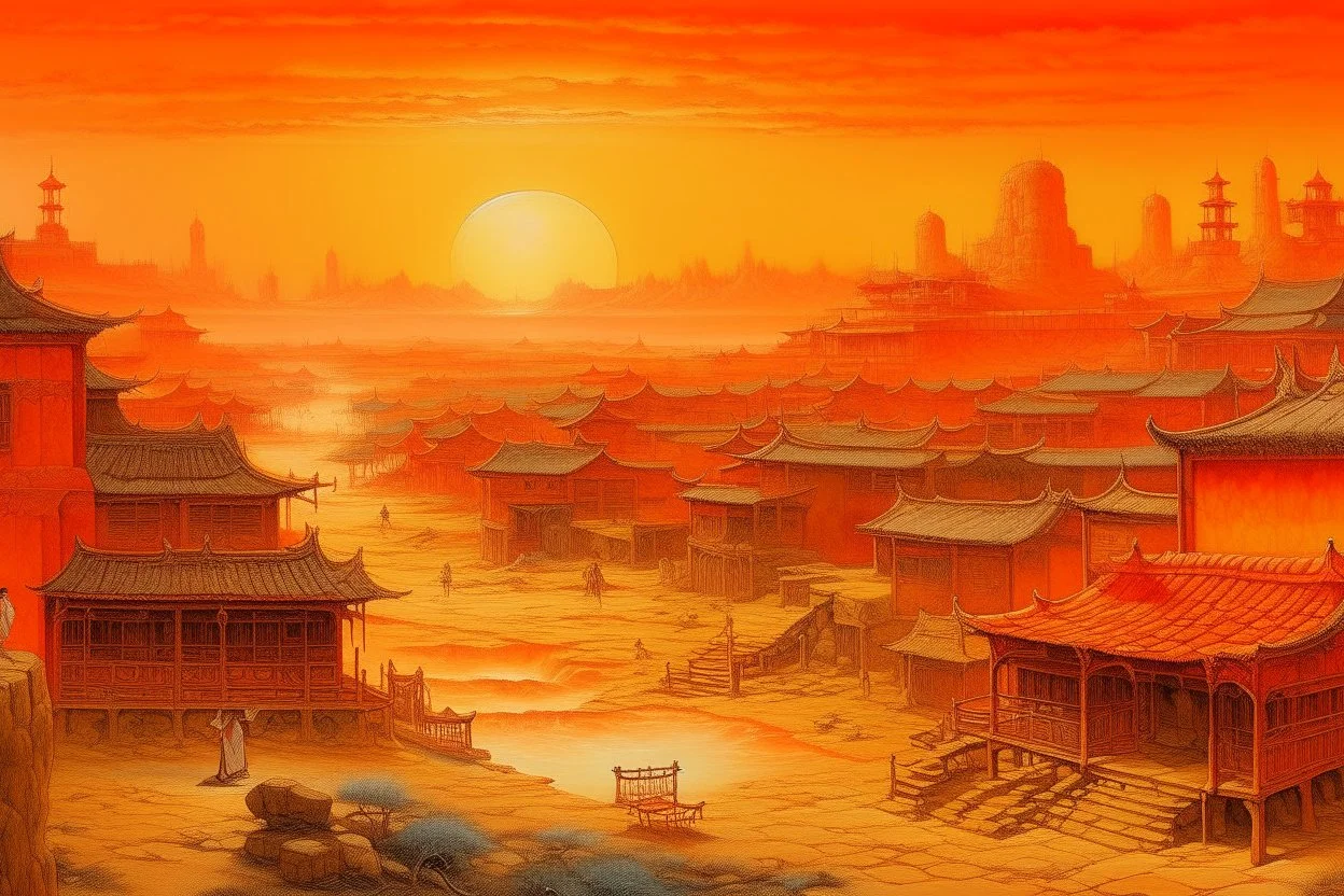 An orange colored Chinese village in a wasteland painted by Francis Danby