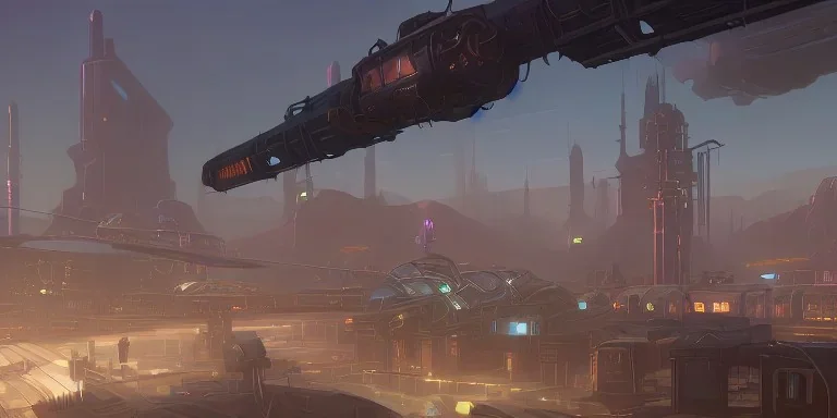 Sci-Fi Industrial Area with chimneys and trains in valley and three starship flying above