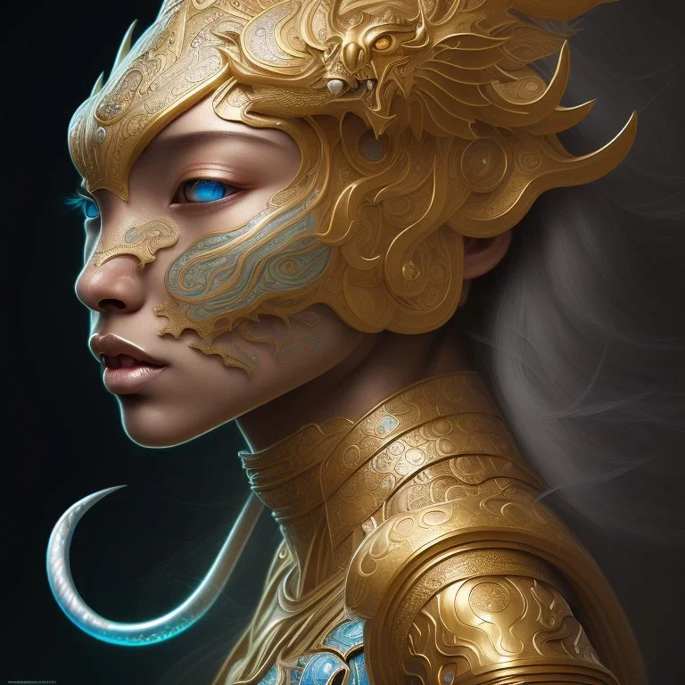 Sango fantasy, fantasy magic, intricate, sharp focus, illustration, highly detailed, digital painting, concept art, matte, art germ and Paul Lewin and Kehinde Wiley, masterpiece Indonesian lady head bronze tiger Asian African girl nice breast Hawaiian hair turquoise silver waves