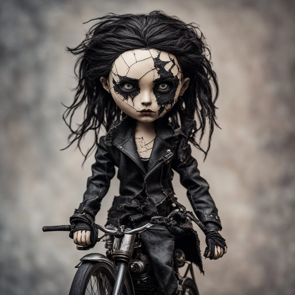 full color, illustration of a dark, menacing, black leather clad motorcycle girl, tall and willowy , as a decayed, broken, crude homemade cloth doll toy, with a cracked porcelain face, thick dark eyebrows, hair made from ragged strips of cloth, in the style of Nadya Sheremet