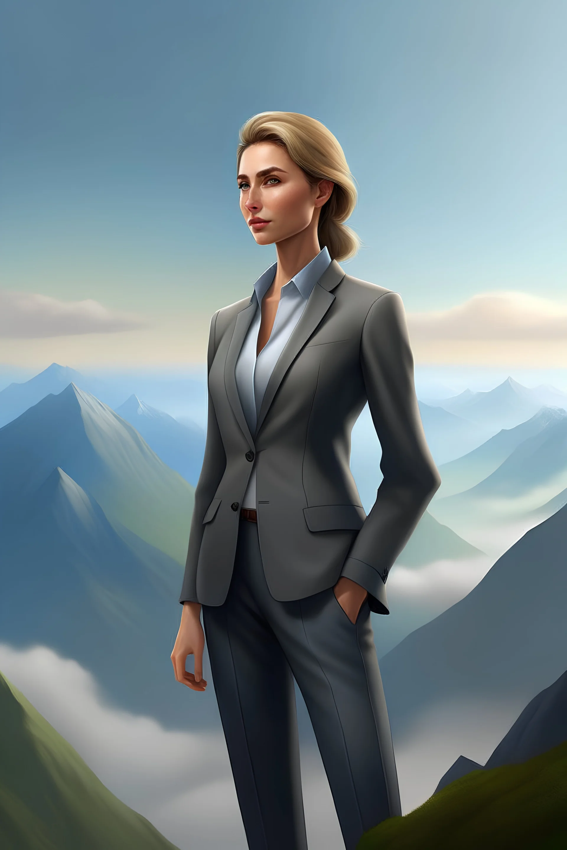 An illustration of a hyperrealistic HD of a successful cute sexy and gorgeous-looking woman wearing a corporate suit with her hands in her pocket standing on a mountain top, looking and facing the horizon, looking sideways and envisioning business plans.