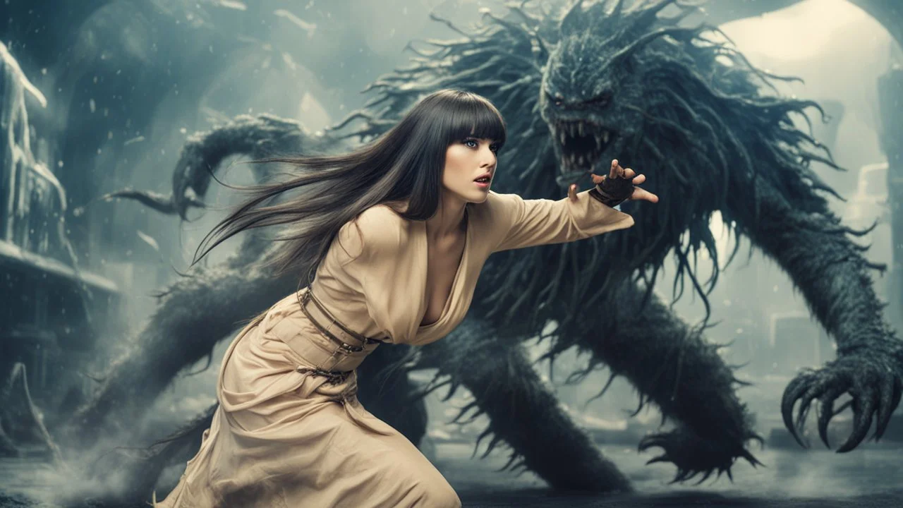 Full-body retro photo of a woman with straight hair and a Fringe, in a fight with a monster, wrapped in tenacles, in an action pose, sci-fi Background