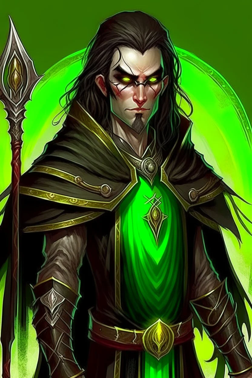 full length, mantle, hood removed, black with, holding a spear in his hand, dark green eyes