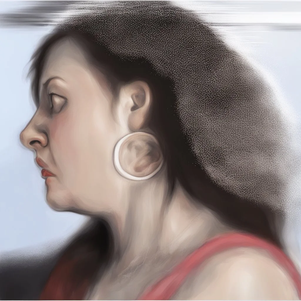 mujer 35 años, gordita, nariz aguileña prominente,pelo suelto,mira ,cara indiferente, iluminacion suave desde arriba, imagen primer plano , dibujo en grafito