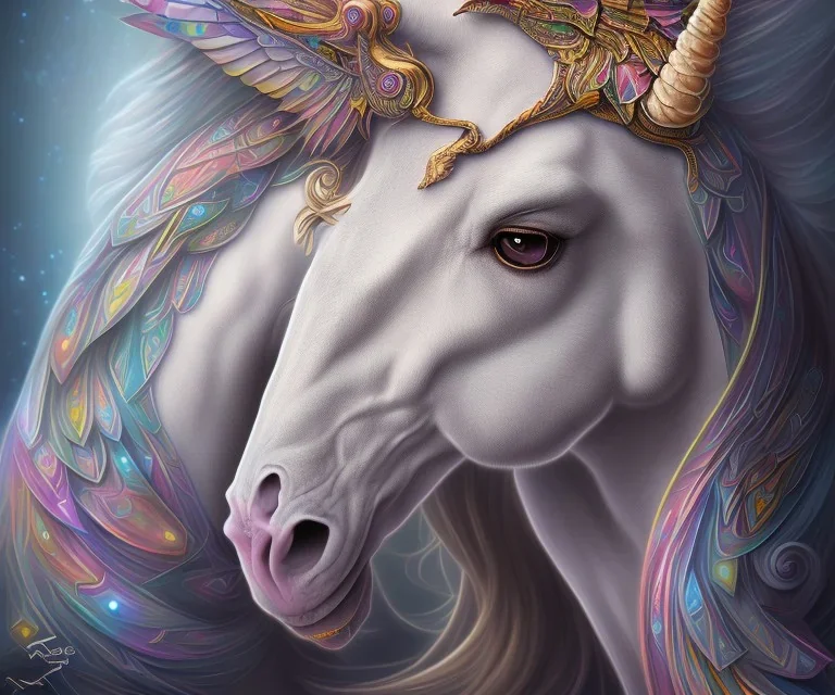 Portrait of unicorn, fantasy art, highly detailed, intricate color patterns on wings, soft studio lighting, background 64k