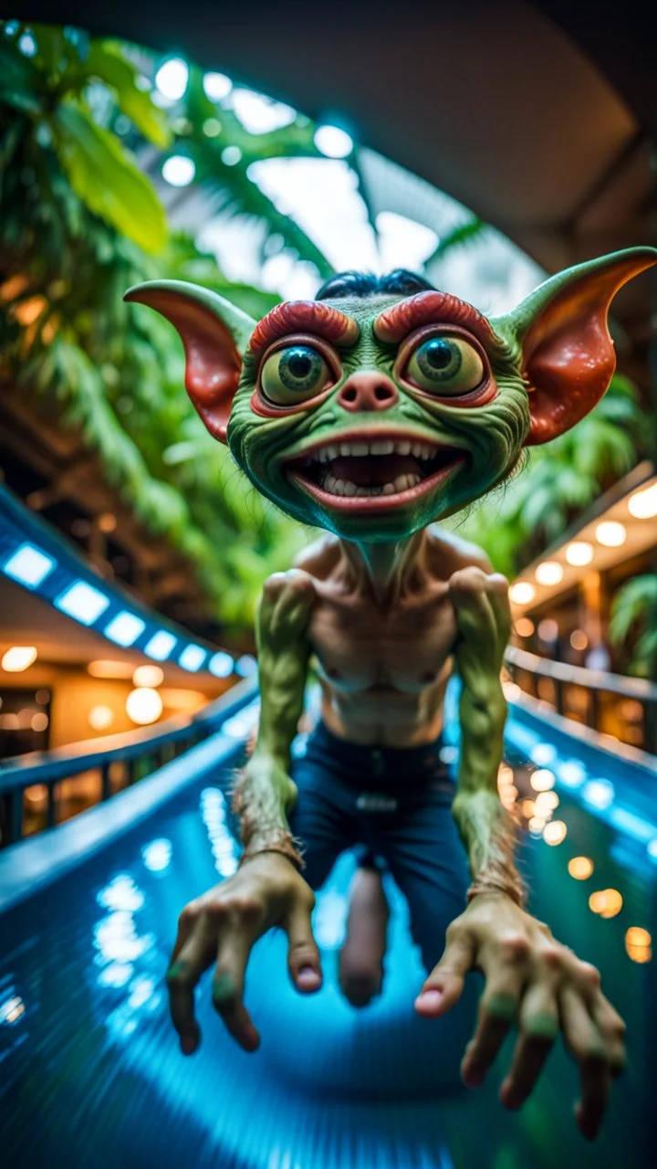 fisheye selfie by furry hairy pimp rocker alien giant gremlin on bridge over water slide magically levitating in dark lit reflective wet jungle hall hotel tunnel,bokeh like f/0.8, tilt-shift lens 8k, high detail, smooth render, down-light, unreal engine, prize winning