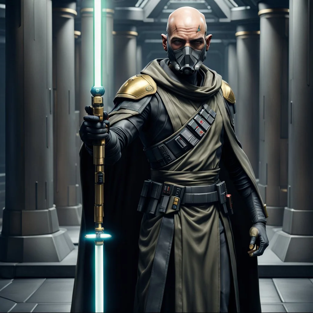 star wars bald male corellian pilot wearing pearlescent black and gunmetal grey First Order special forces heavy assault stealth commando armor and helmet with gold trim inside the jedi temple, hyperdetailed, dynamic lighting, hyperdetailed background, 8k resolution, volumetric lighting, light skin, fully symmetric details