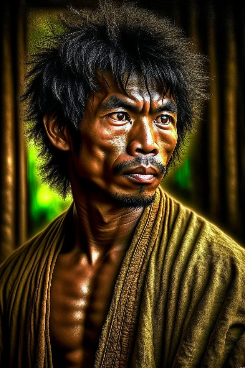 the style of ong bak,upper body,Robert Matthew Van Winkle was raised in a secluded monastery, where the tiger monks devoted themselves to the study of ancient martial arts and the pursuit of inner peace. He was an orphan, brought to the monastery's doorstep as a baby, and the monks raised him as one of their own. photorealism, depth of field, lightrays, downligh, anime