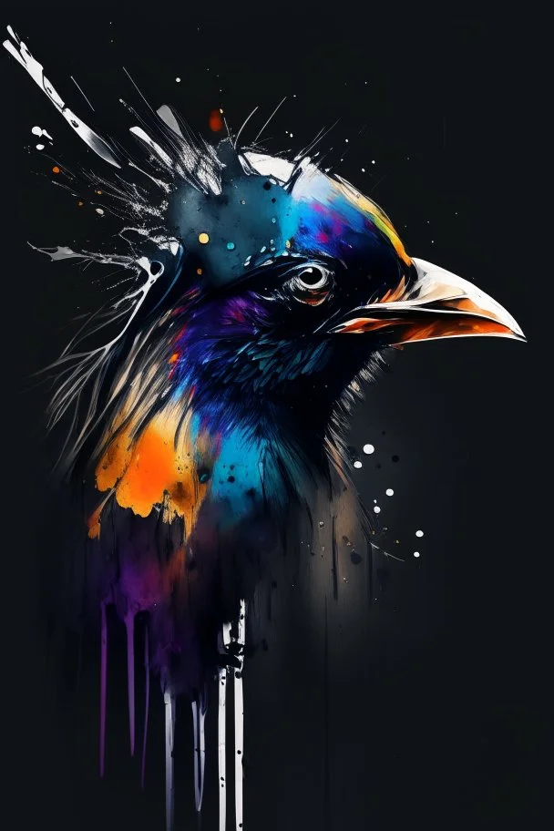 abstract painting, watercolor, full color, black background, 8k resolution, splashed, varied brushstrokes, bird head