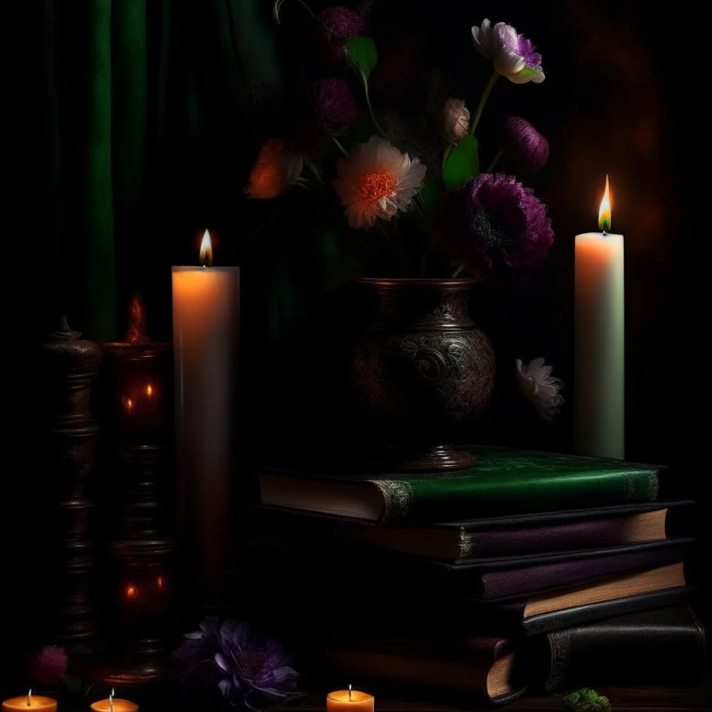 rave on books with flowers and lit candles dark moody art with browns green earthy tones, deep purples, hyper realistic maximalist concept art