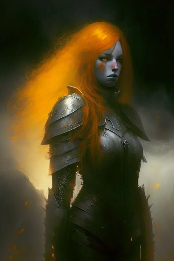 Paladin, orange hair, orange eyes, standing in mists, Female, dark art