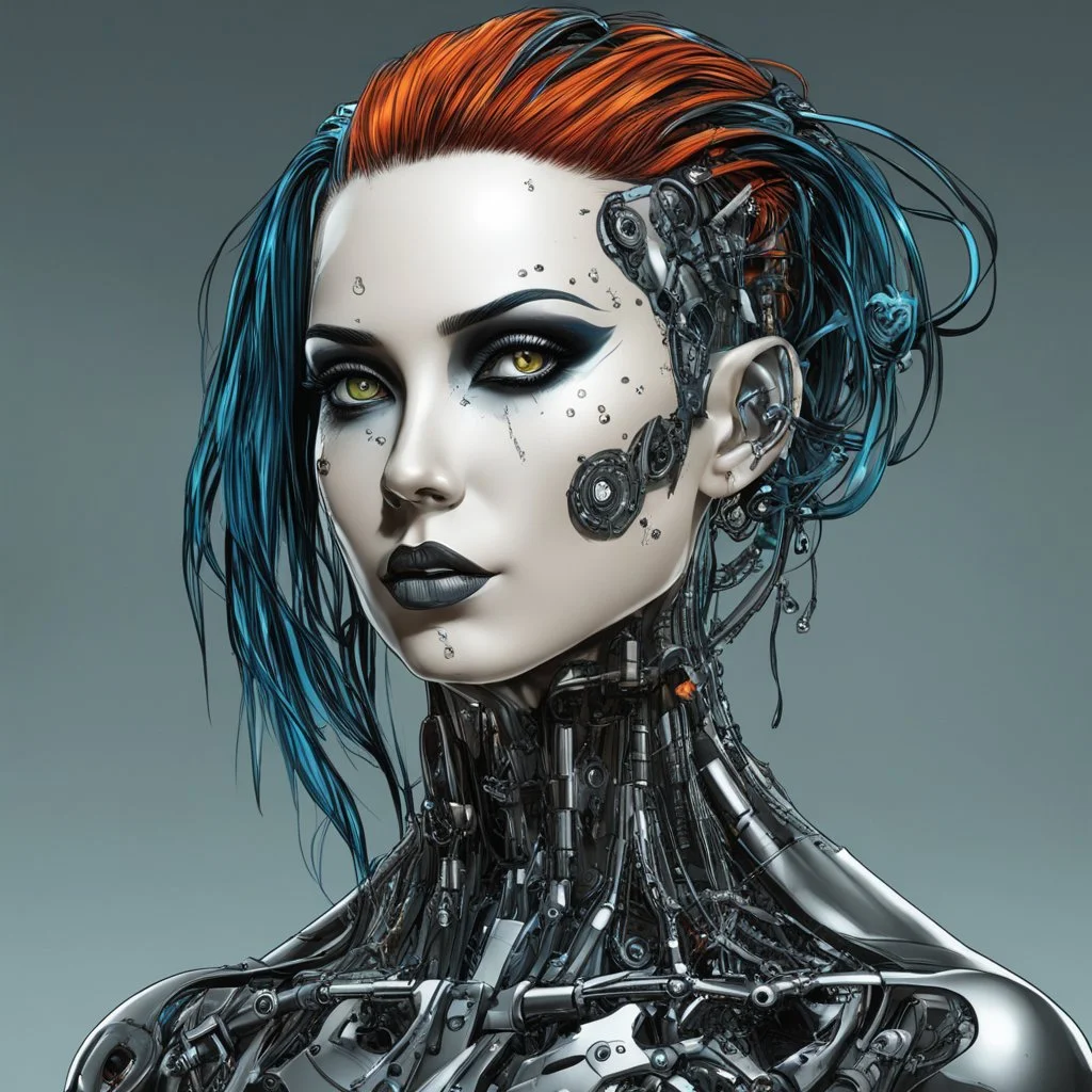 Create a wild, imaginative, full body, cyborg goth punk girl with highly detailed facial features, in the vector graphic style of Nirak1,Christopher Lee, and Cristiano Siqueira, vibrant colors, 3d vector