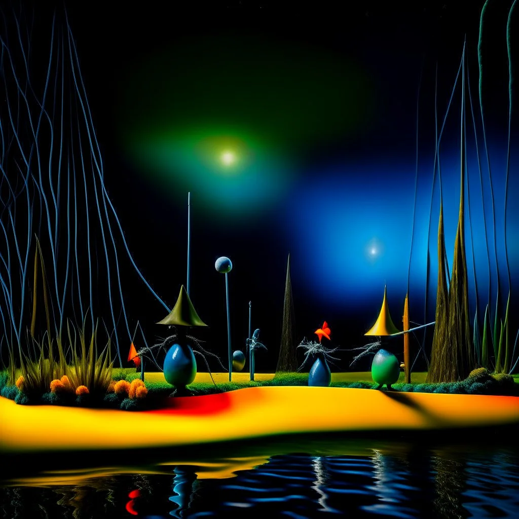 Odd swamp landscape with odd beings, surreal, abstract, Max Ernst style, 120mm photography, sharp focus, 8k, 3d, very detailed, volumetric light, grim, fine art, very colorful, ornate, F/2.8, insanely detailed and intricate, hypermaximalist