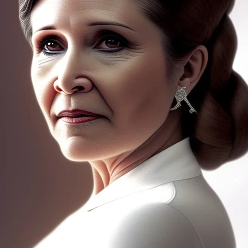 extremely detailed 8k hyperspace wallpaper, carrie fisher, brown eyes, minimal updo hair, professional majestic oil painting by Ed Blinkey, Atey Ghailan, by Jeremy Mann, Greg Manchess, Antonio Moro, trending on ArtStation, Intricate, High Detail, Sharp focus, dramatic, by greg rutkowski, realism, beautiful and detailed lighting, shadows, by Jeremy Lipking, by Antonio J. Manzanedo,