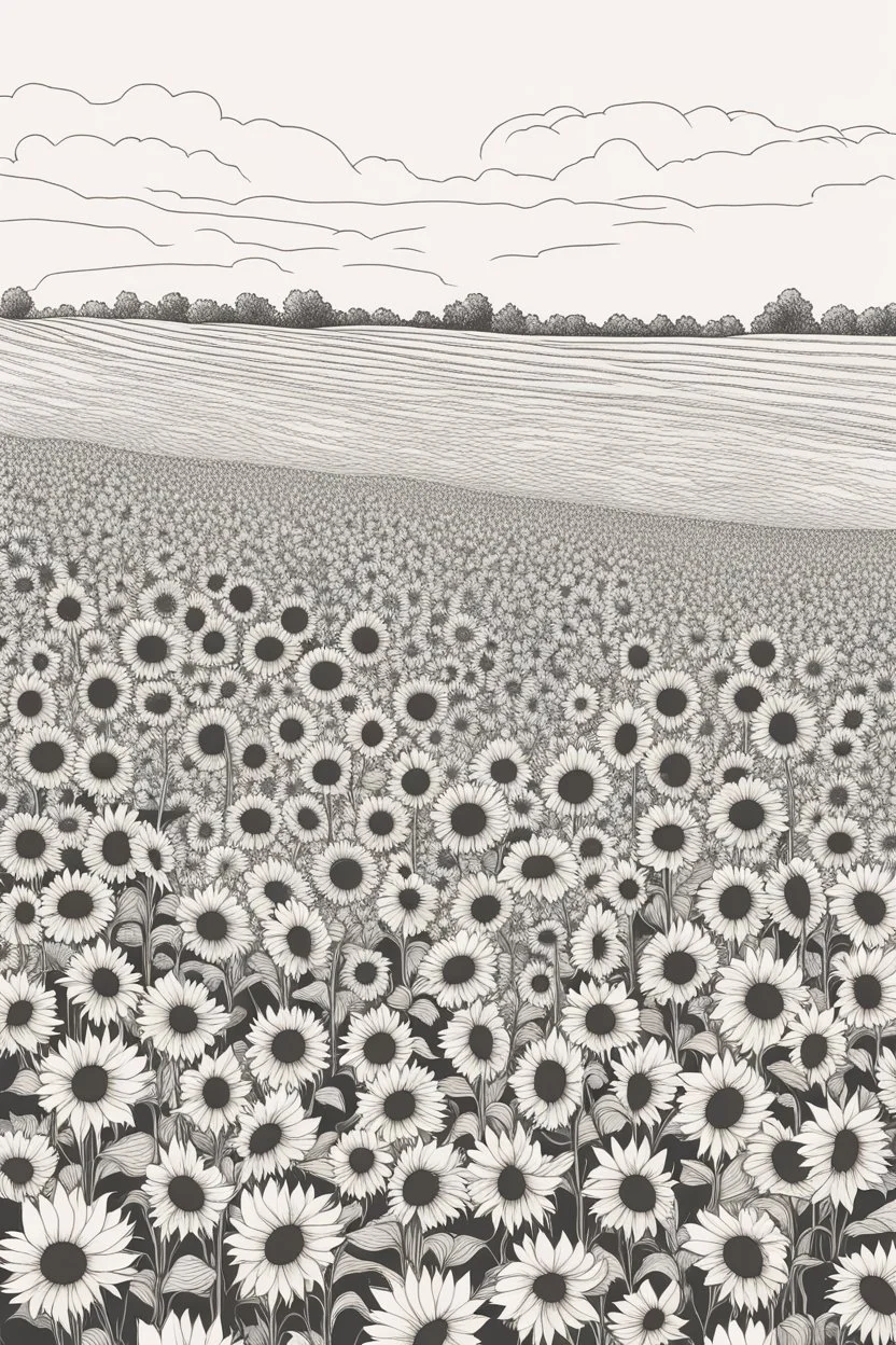 outline art forSunflower Field: A large field of sunflowers that radiate the warmth of summer.. no people, White background. sketch style, clean line art, white background, no shadow and clear