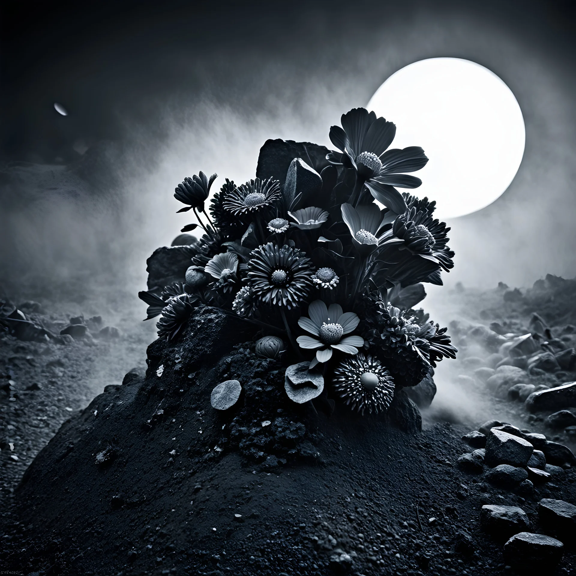 A striking quality photograph captures a wasteland, flowers, creepy, details of the dust very accentuated, glossy organic mass, adorned with minerals and rocks. Bathed in intense light, eerie, Max Ernst and Yves Tanguy style, black sun, fog, volumetric light, octane render