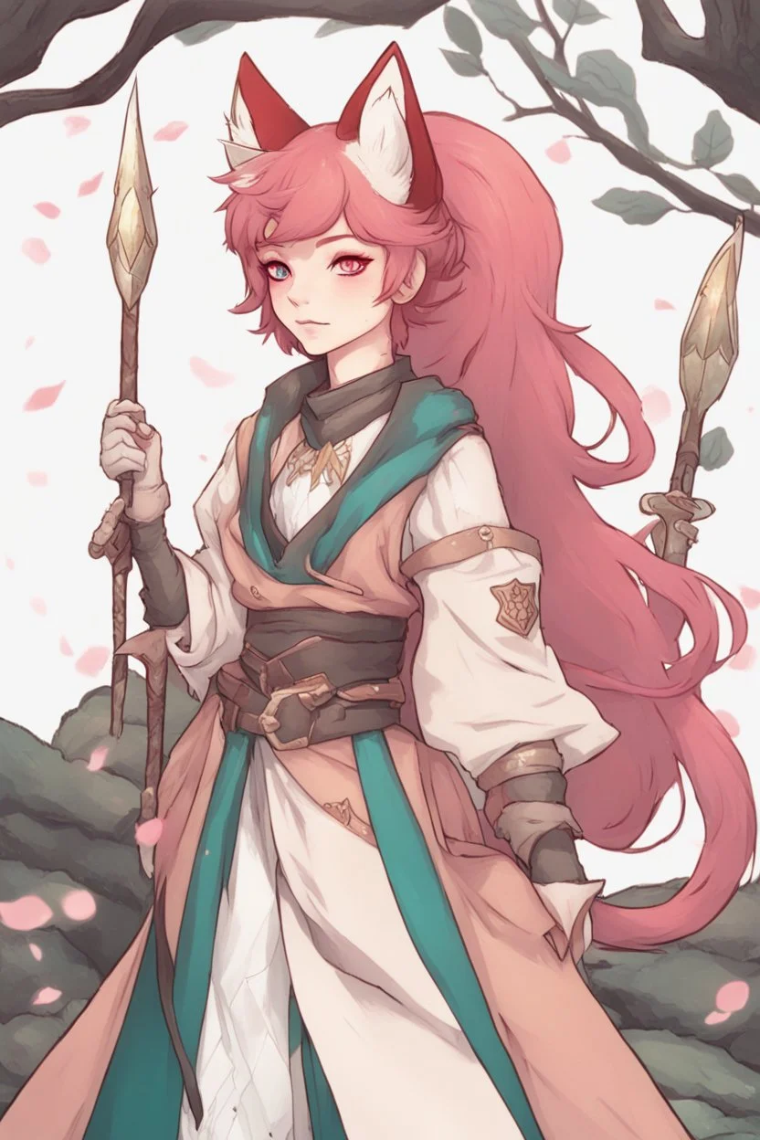 Teenaged Female kitsune paladin/bard with red, teal, and pink hair