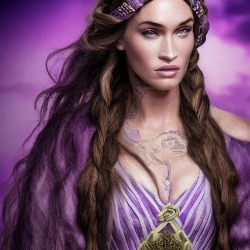 viking queen with purple armor, delicate purple braided hair, white flowing dress, highly detailed, 8k, ambient light, megan fox