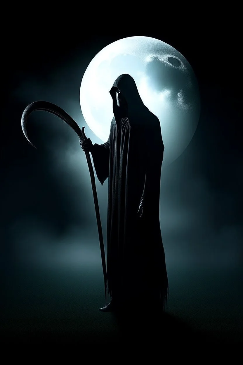 mysterious, hooded figure with a scythe, standing in a misty graveyard under a full moon. The figure should be shrouded in darkness, with only the eerie glow of their eyes and the blade of the scythe visible.