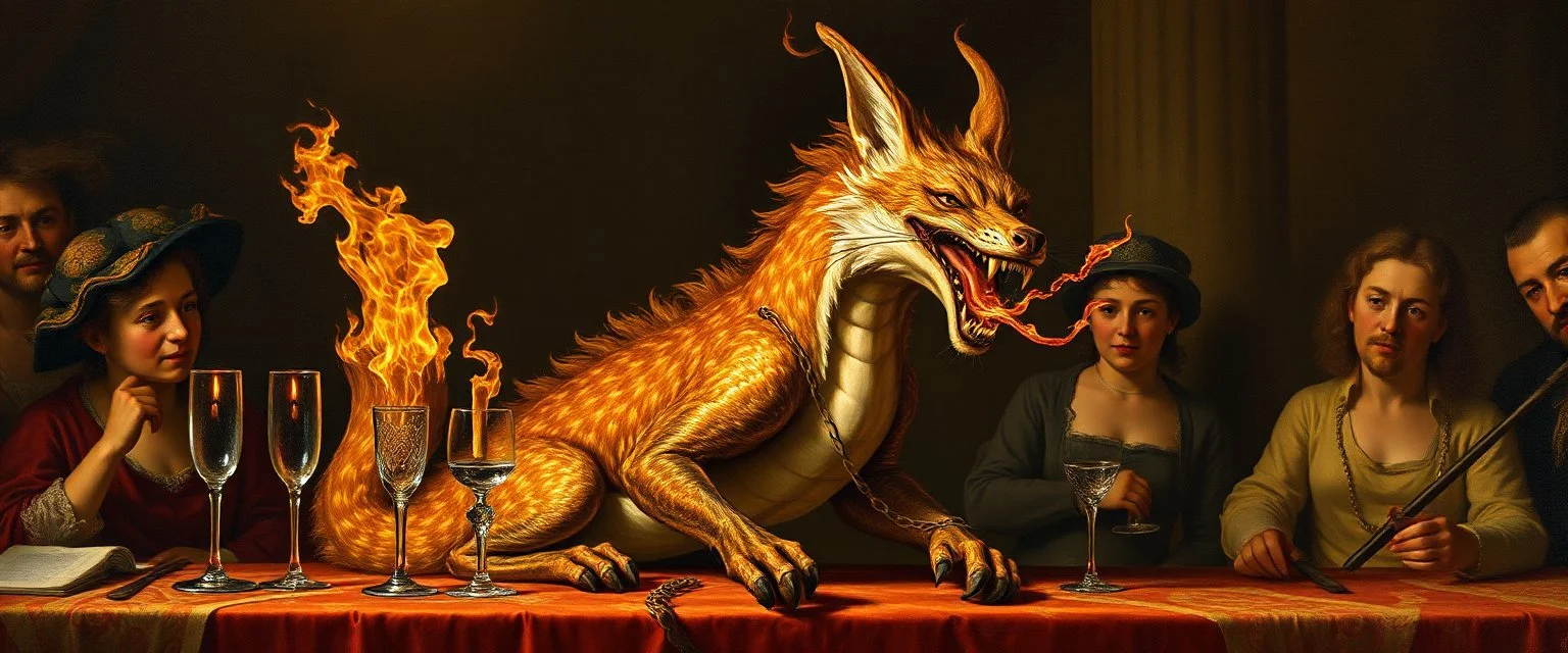 portrait painted by Rembrandt, stupid looking fire breathing dragon fox in chains at banquet