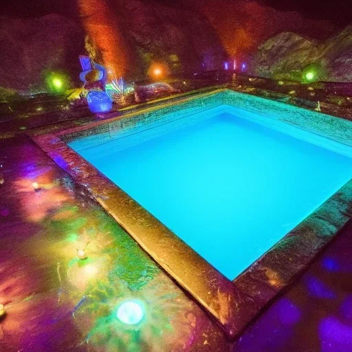 turquoise neon pool water sparkling at night in the dark detailed realistic glowing Ghibli adventure in nature