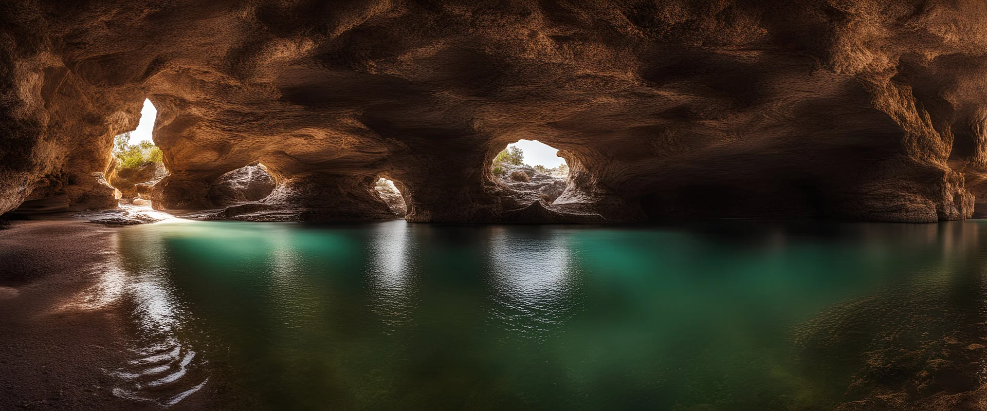 rocky cave . panorama. rocky cliff, water , carved into the rock,