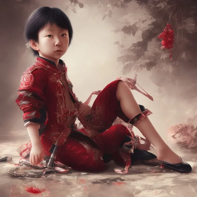 Distant Japanese child, black hair, sitting on floor with back to back, red akira jacket, extremely detailed, extremely realistic