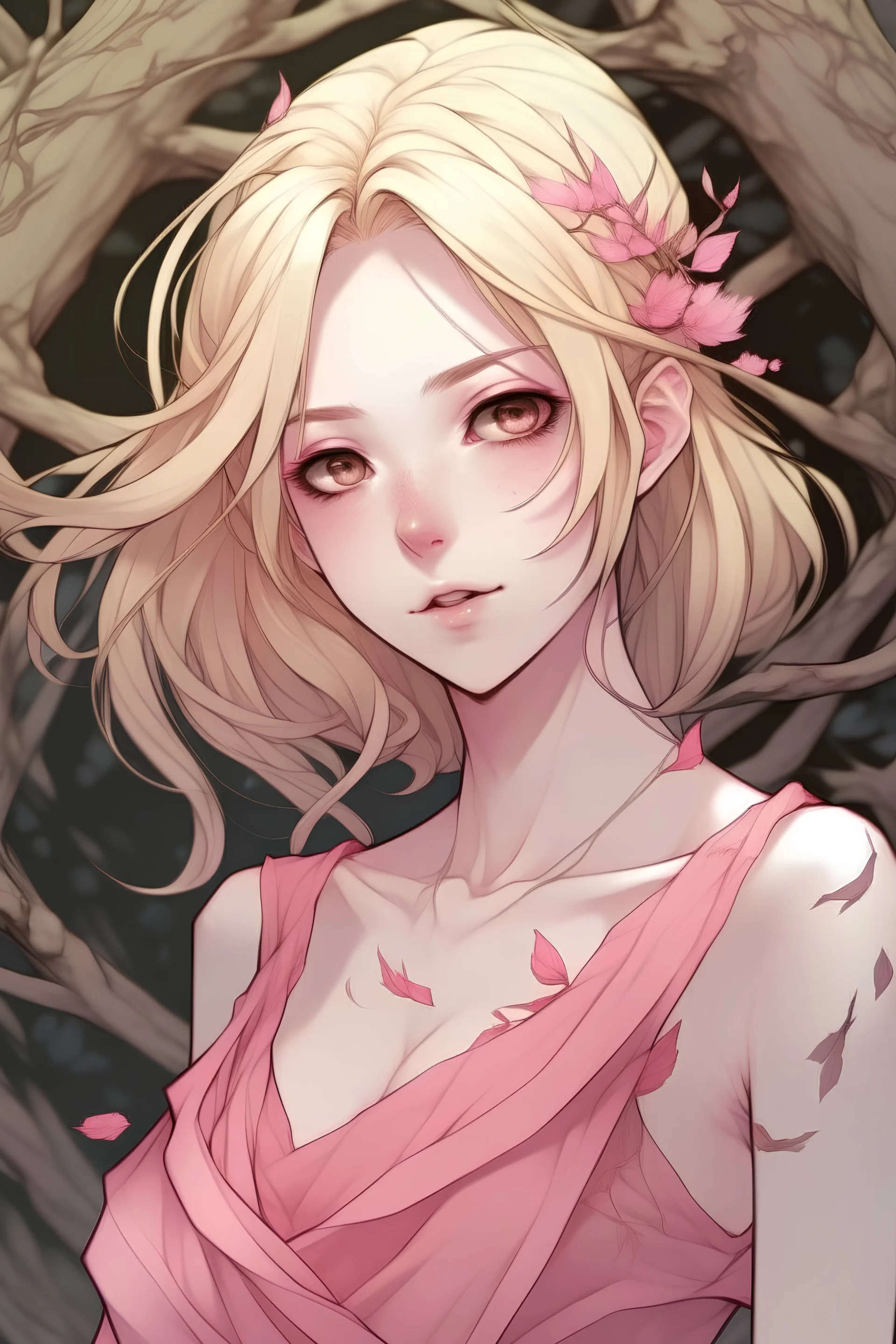 A blonde girl drawn in anime style with a ripped pink dress and twigs in her hair