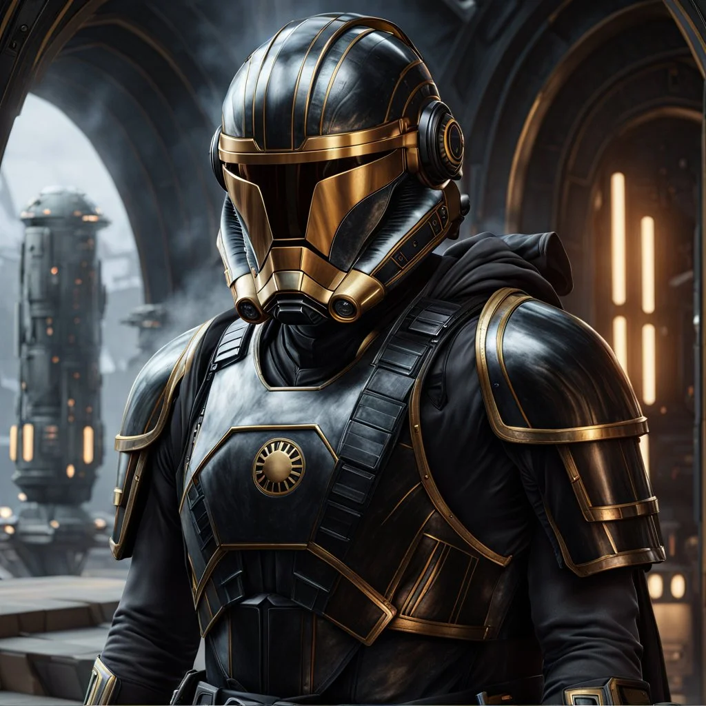 star wars bald male corellian pilot wearing pearlescent black and gunmetal grey First Order special forces heavy assault stealth commando armor and helmet with gold trim inside the jedi temple, hyperdetailed, dynamic lighting, hyperdetailed background, 8k resolution, volumetric lighting, light skin, fully symmetric details