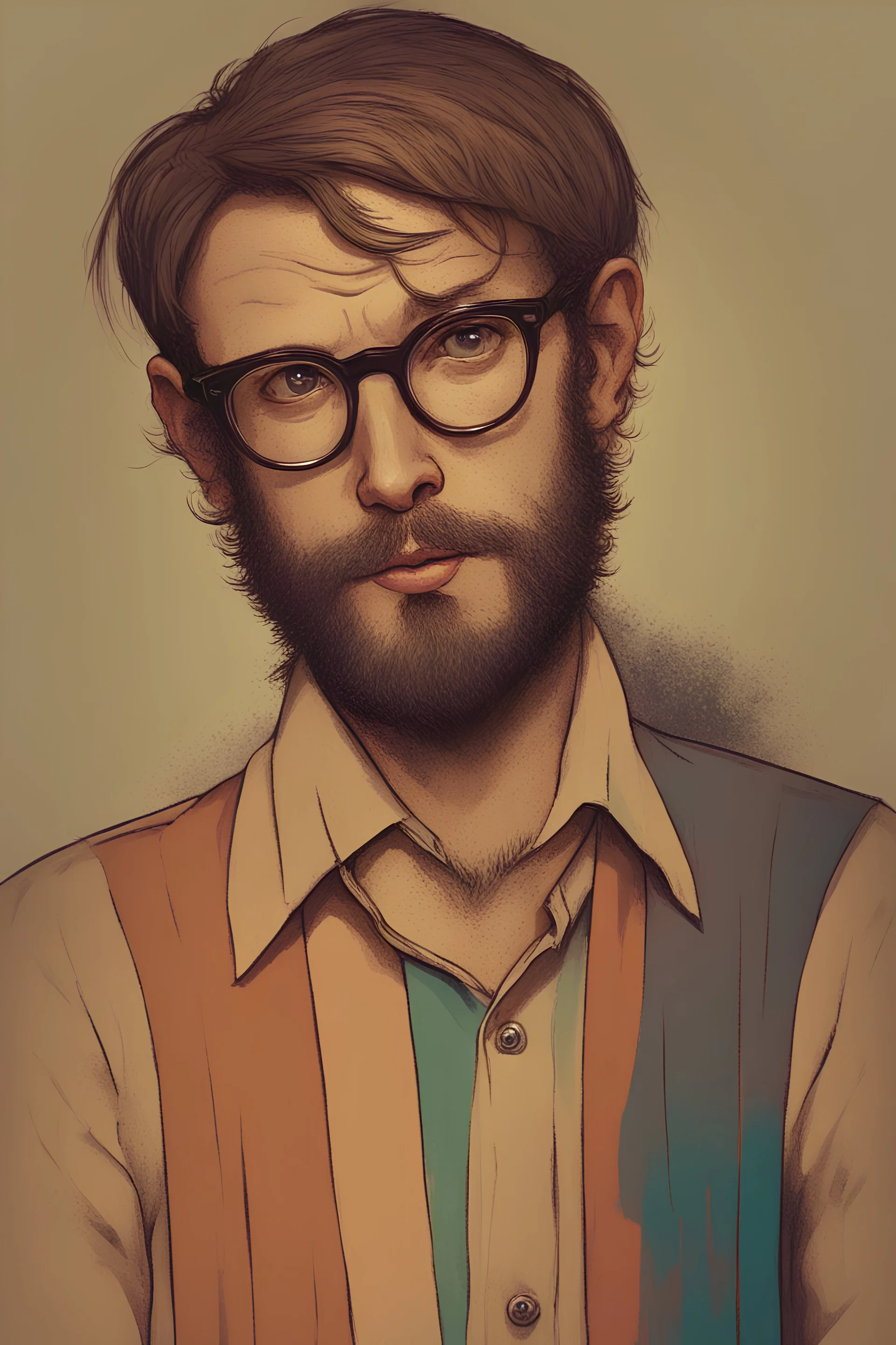 digifal young man with strange face with aspect of cat in his 40s with Parisian bohemian look and glasses of colours and poor and short short hair on the head with receding hairline. Farsightedness glasses with big eyes. Long beard. Vintage look and feel like photos of the 70s