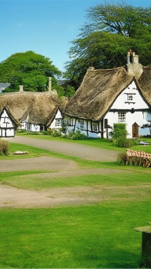 village green with small thatched roofed cottages