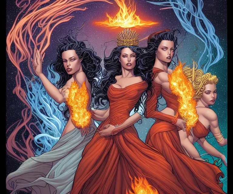 four dolldivine representing the elements fire, earth, air, and water. Mark Brooks and Dan Mumford, comic book art, perfect, smooth elemental galactic space core royalty queens crown.